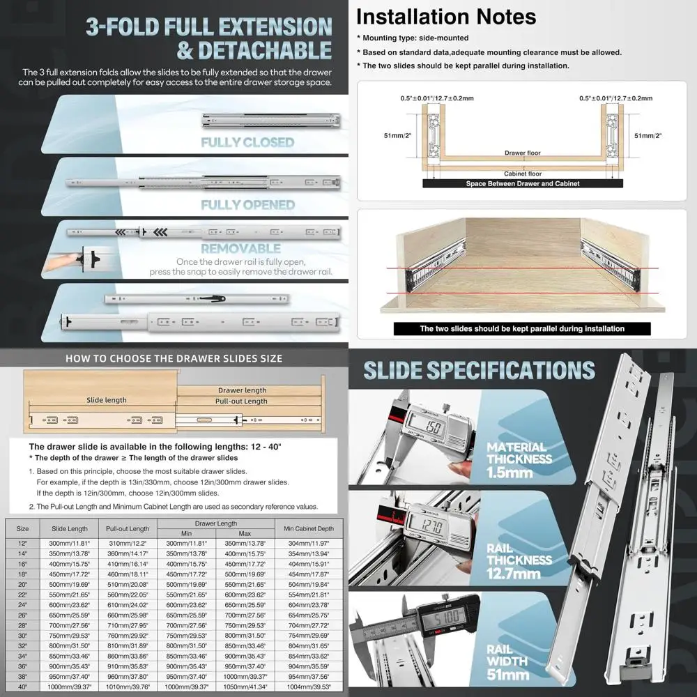 

Усиленные направляющие для выдвижных ящиков 12-40 дюймов, нагрузка до 150 фунтов, боковое крепление, на шарикоподшипниках (без фиксации, 24 дюйма)
