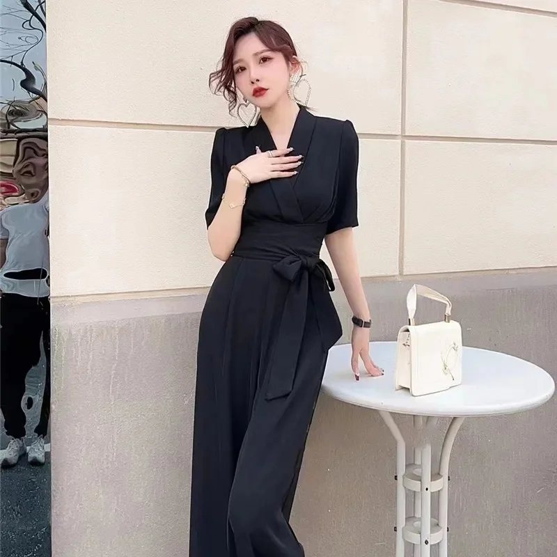 Jumpsuits Summer New High end Jumpsuit Women's Elegant Solid Color High Waist Slim Lace up Wide Leg Dropping Bodysuit Women Sets