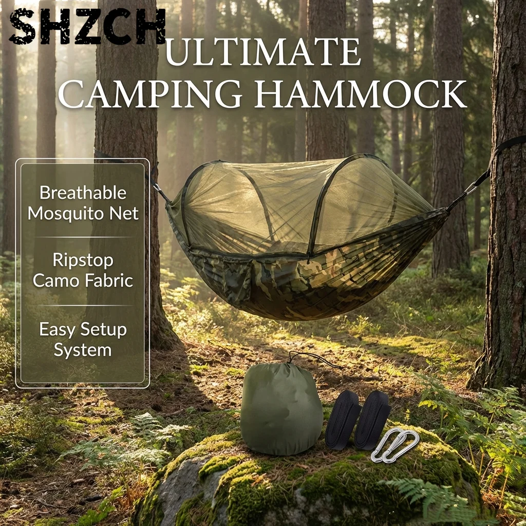 2-In-1 Camping Hammock With Mosquito Net 1.6lbs Ultralight Parachute Nylon Hanging Bed For Outdoor Survival Travel Backyard
