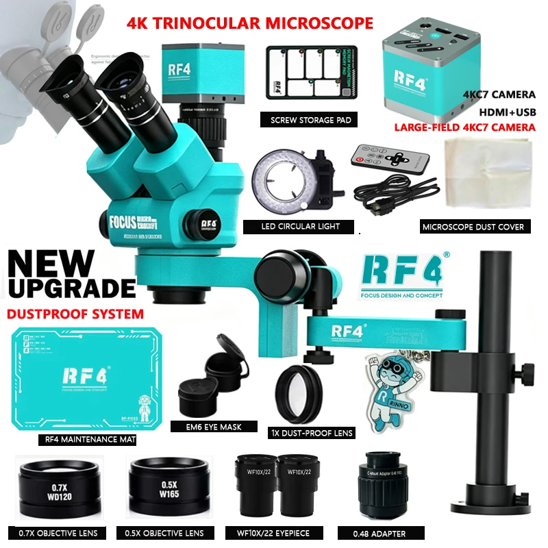 Microscope stéréoscopique trinoculaire RF4 2K 4KC7 avec caméra vidéo HDMI USB 360 °   Supports de téléphone à bras articulé rotatif pour la réparation de cartes de circuit imprimé (PCB) et la soudure