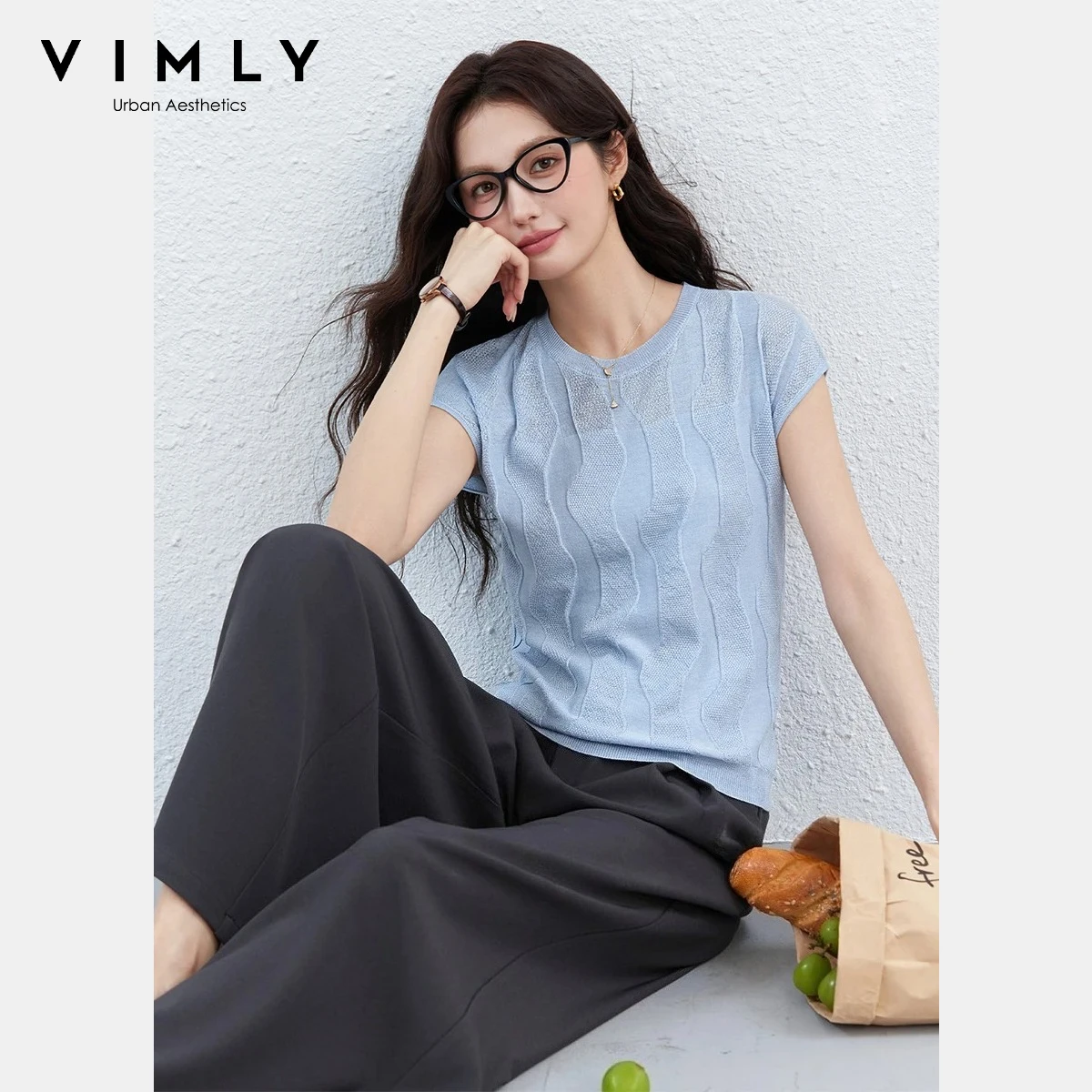 

VIMLY Women's Minimalist Blue Knit T-shirt 2026 Summer New Casual Daily Crew Neck Wave Textured Short Sleeve Straight Top 30686