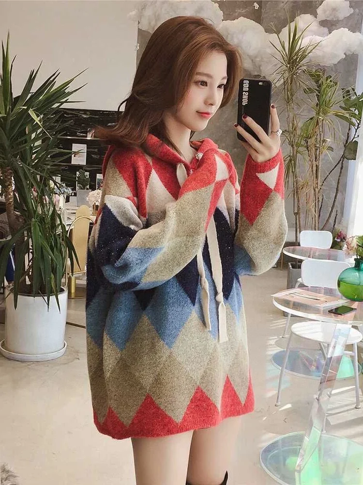 

New 2023 Autumn And Winter Women's ClothingPatchwork Contrast Color Diamond Plaid Hooded Sweater 1018