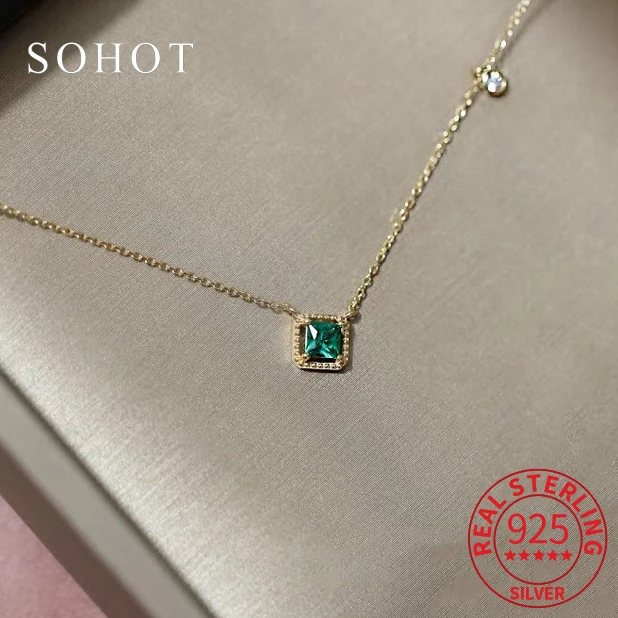 Real 925 Sterling Silver Emerald Square Zircon Pendant Necklaces for Women Minimalist OL Fine Jewelry Light Luxury Accessories