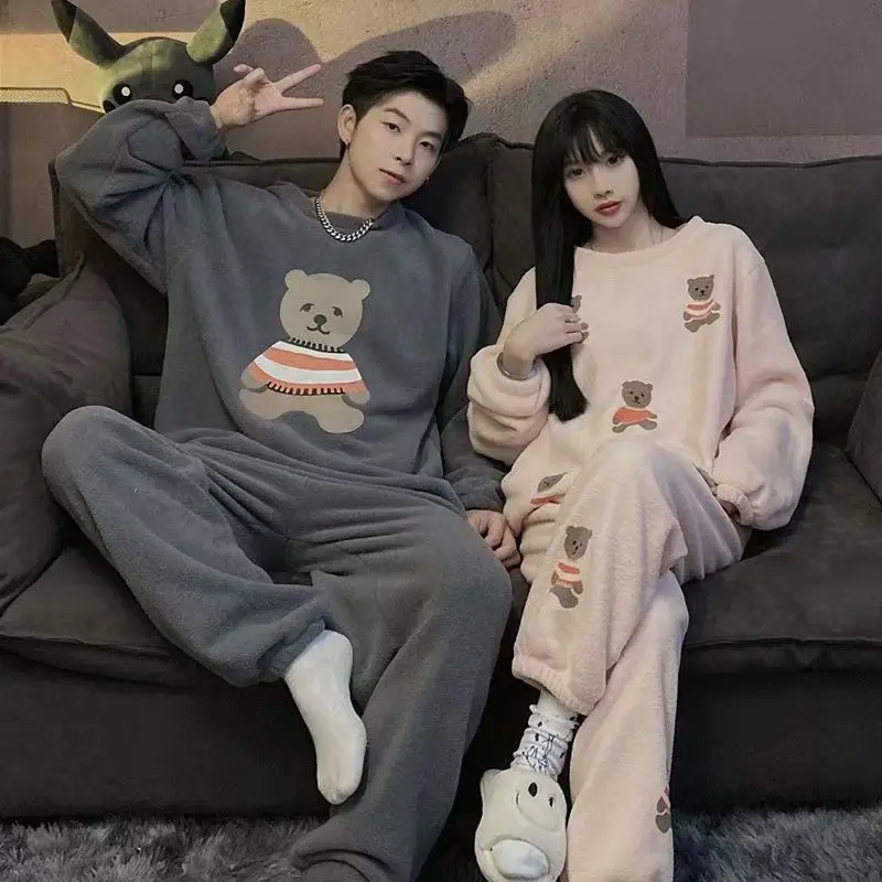 Couple Cartoon Pajamas Men Comfortable Leisure Home Wear Ladies Round-neck Nightdress Suit Women Long Sleeve Casual Sleepwear