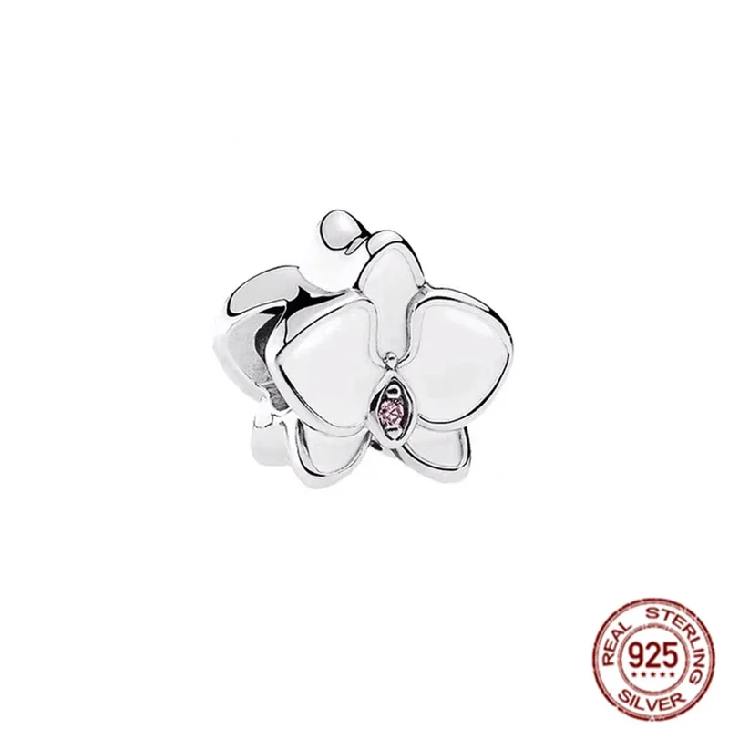 White Red Orchid Dangle Charm Authentic 925 Sterling Silver Bead For Women Fit Original Bracelet Necklace Jewelry Gift