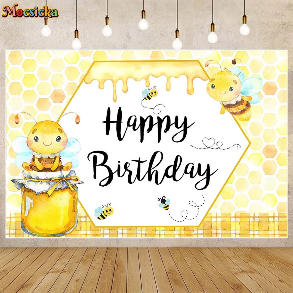 

Mocsicka Sweet Little Bee Happy Birthday Photography Backdrops Honey Jar Yellow Honeycomb Photo Background Photocall Decoration