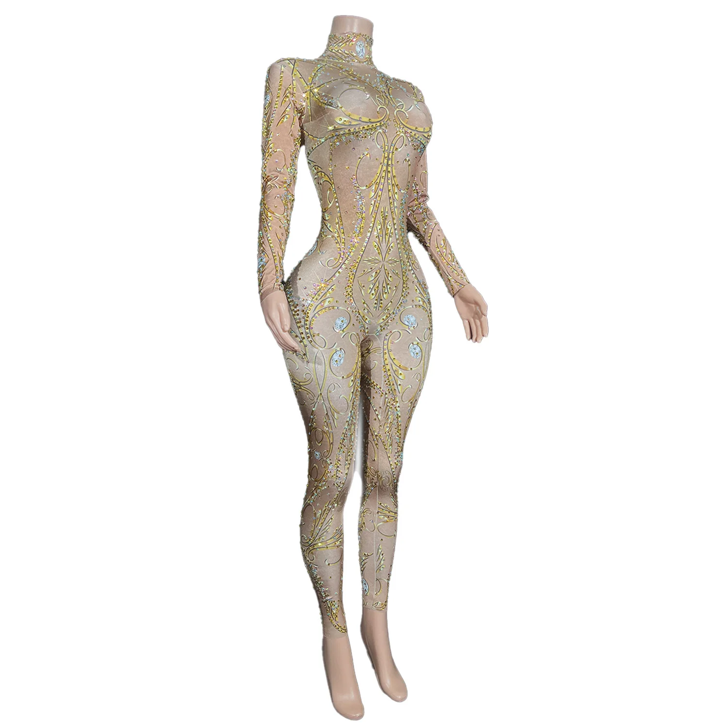 Sparkly Gold Diamonds Jumpsuit Women Stretchy Nightclub Party Outfit Singer Dancer Performance Costume Stage Wear Jinfenghuang