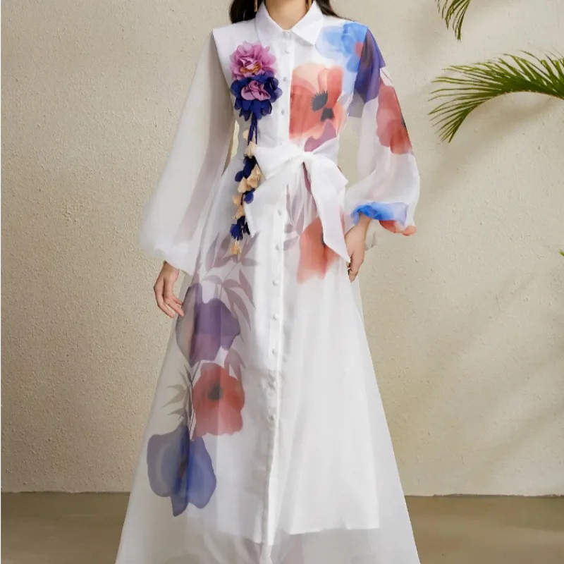 

Luxury High Quality Court-Style Dresses for Women Robe Belts Slim Long Dress Lantern Sleeves Printed Single-Breasted Mesh Dress