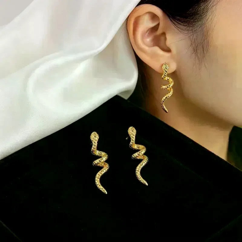 Gold Plated Snake Dangle Earrings Unique Textured Surface Hypoallergenic Posts for Halloween Costume Matching