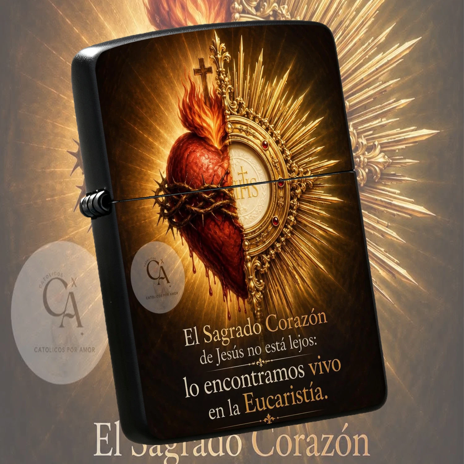 Catholic Sacred Heart Eucharist Themed Windproof Lighter Exquisite Golden Rays Crown of Thorns Sacred Heart Pattern Religious Belief Peripheral PORTABLE Durable Igniter Suitable for Daily Use by Believers Religious Ceremony Commemorative