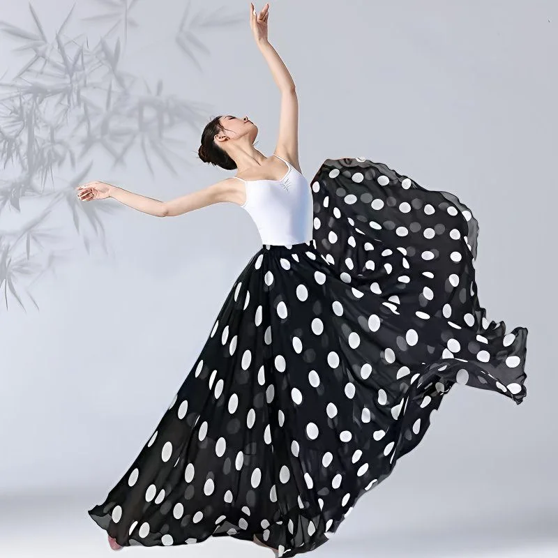 360-720 degree Classical Dance High-waisted Skirt Flamenco Dance Clothing Polka Dot Print Skirt Dance Stage Performance Outfit