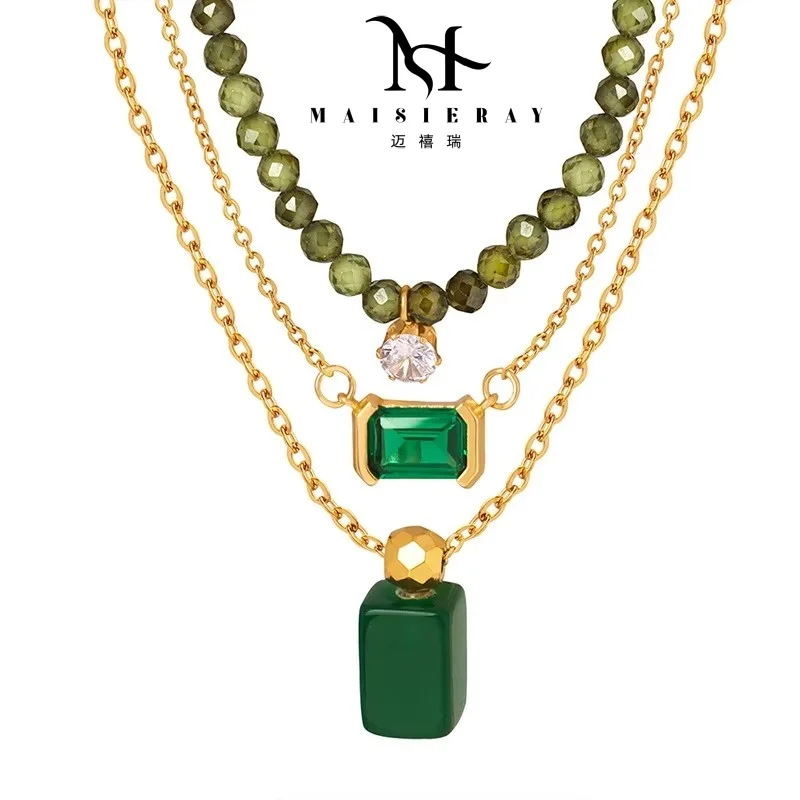 

Maisieray 2025 Elegant Minimalist Necklace Titanium Steel Gold Plated Non-Fading Unique Embedded Green Accents Hot Sale