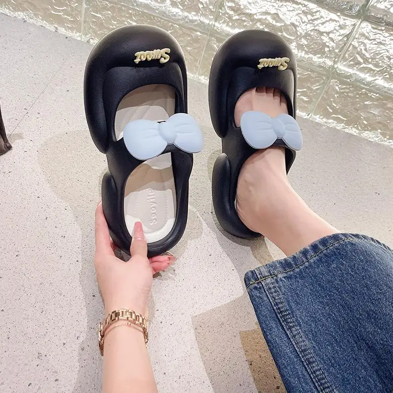 Casual Slippers Women Home Summer Mules Fashion Designer Shoes Girls 2024 Cartoon Bow Cute Platform Slides Flats Indoor Sandals