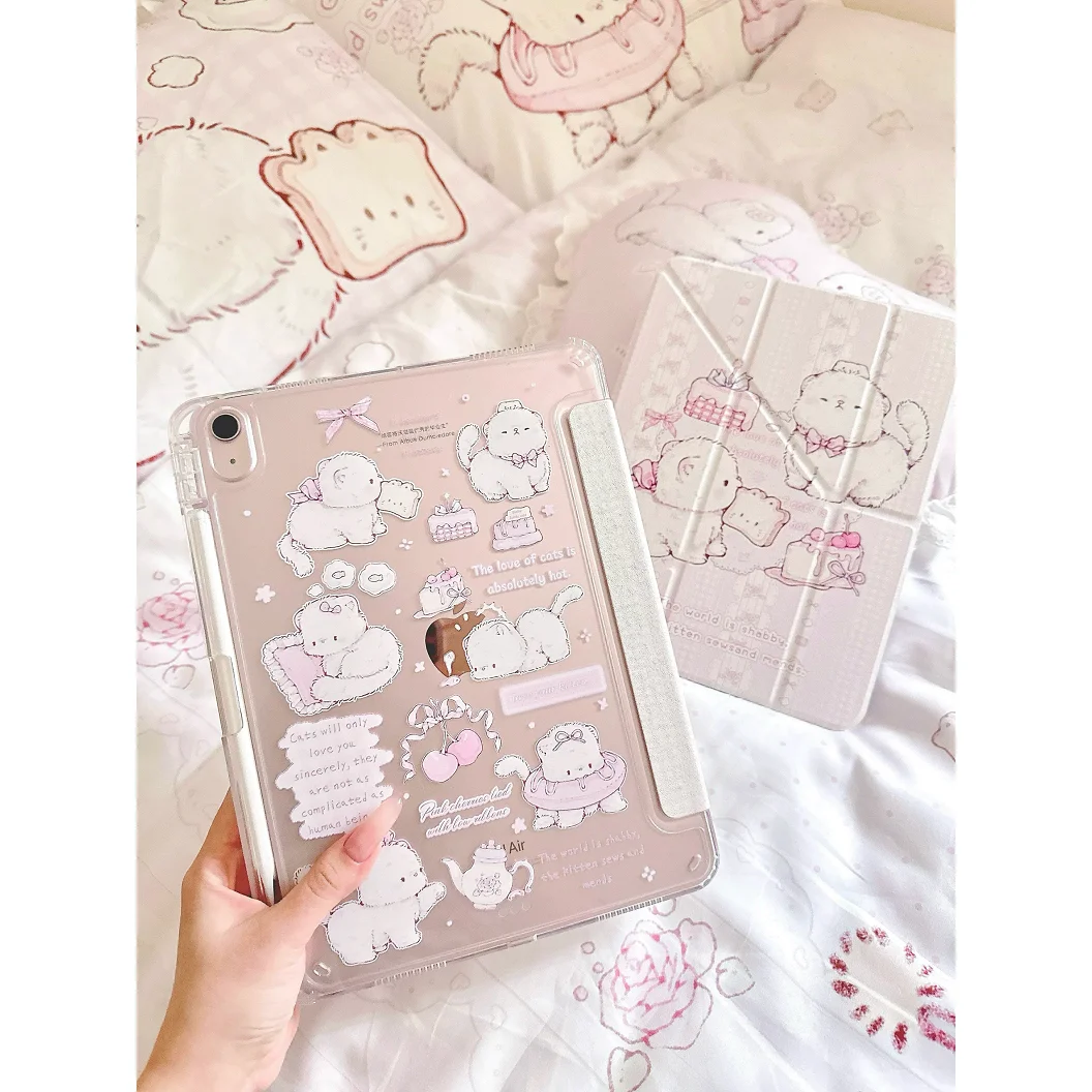 Pink Kitten Bow Lace Y2K Y-fold Flip Cover For iPad 10th 11th Gen 7/8/9 10.2'' Case For Air 4 5 6 7 11 Air 2 9.7 Pro 11 Mini 6 7