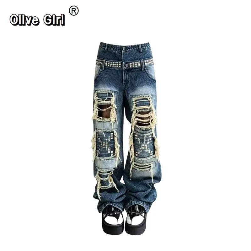 Olivegirl Summer Women's Baggy Jean Grunge Hole Ripped Denim Pants Y2K Japanese Abi Harajuku 2000s American Retro Wide Fit Punk