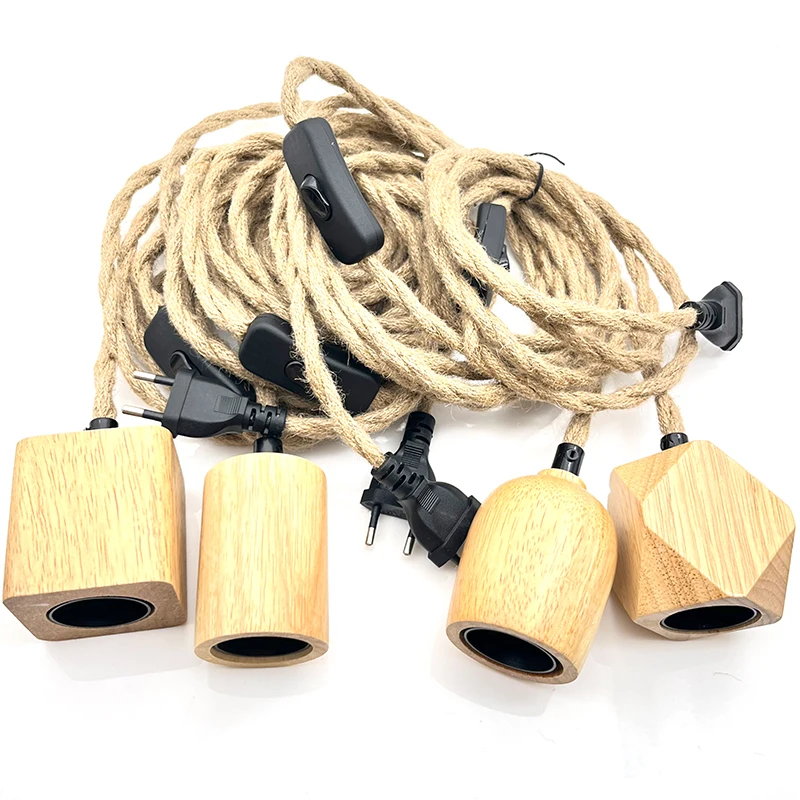 4.5M Vintage Hemp Rope Wire With  Wooden Lamp Socket Pendant Lamp Cord Set with EU Plug