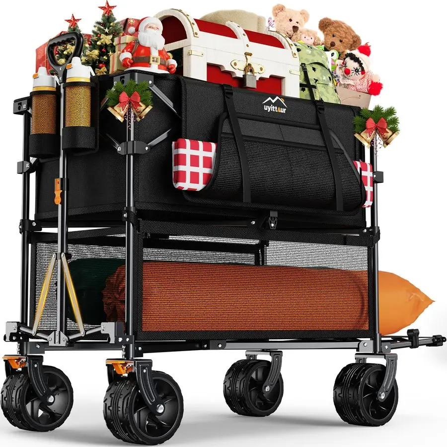 

50L Extra Long Double Decker Wagon for Sport, 400L Collapsible Heavy Duty Wagon Cart with Big Wheels, Utility AllTerrain Large E