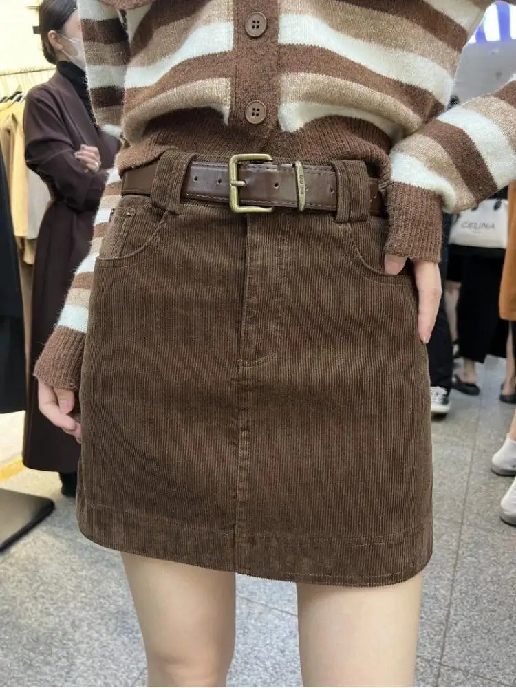 

Brown Mini Women Corduroy Korean Y2k Vintage A-E Clothes All-Match Haruku Black High Waist Versatile Short Skirt Chic