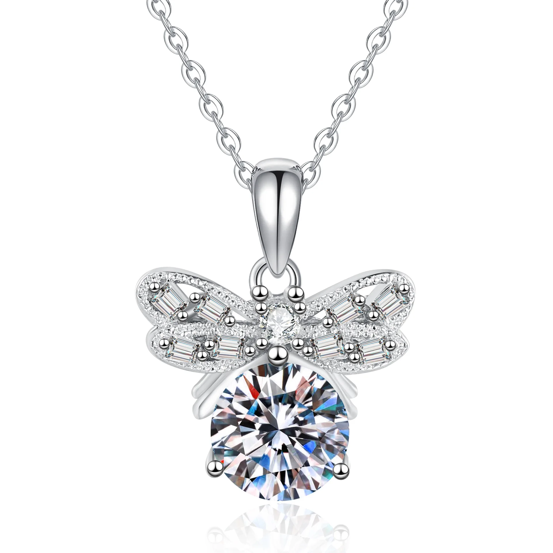 MOVESKI 1CT Round Cut Moissanite Bee Pendant Necklace 925 Sterling Silver, Baguette Pave Insect Dainty Necklace for Women Jewelr view 5