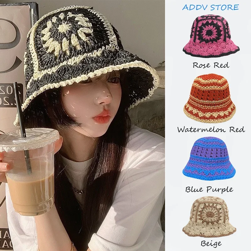 

Vintage Hand-woven Straw Hat for Women, Colorful Striped Visor Hat for Beach Sun with Openwork Color-block Dome Bucket Hat