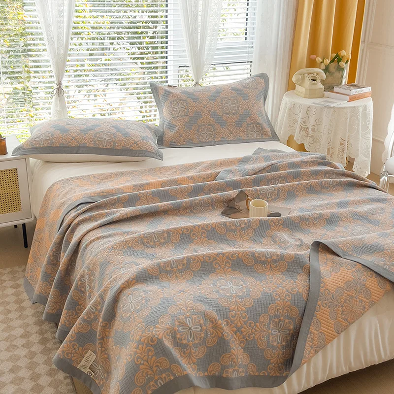 100% Cotton 3-Layer Gauze Blanket Bed Cover Vintage Jacquard Gauze Throw Towel Quilt All Season Universal
