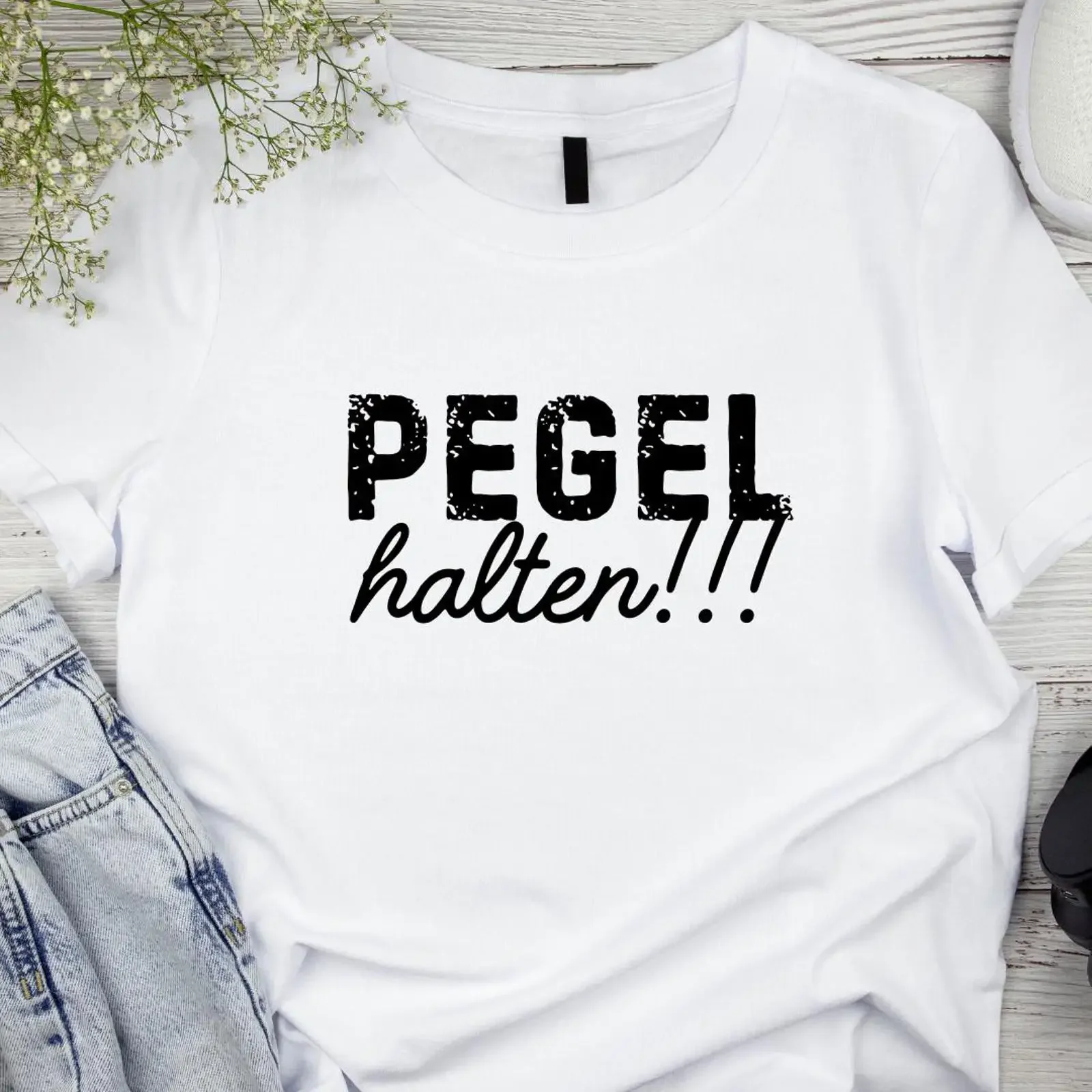 May include White t shirt with black text that reads PEGEL halten vintage Washed fashion graphic Top For Everyday Wear homme