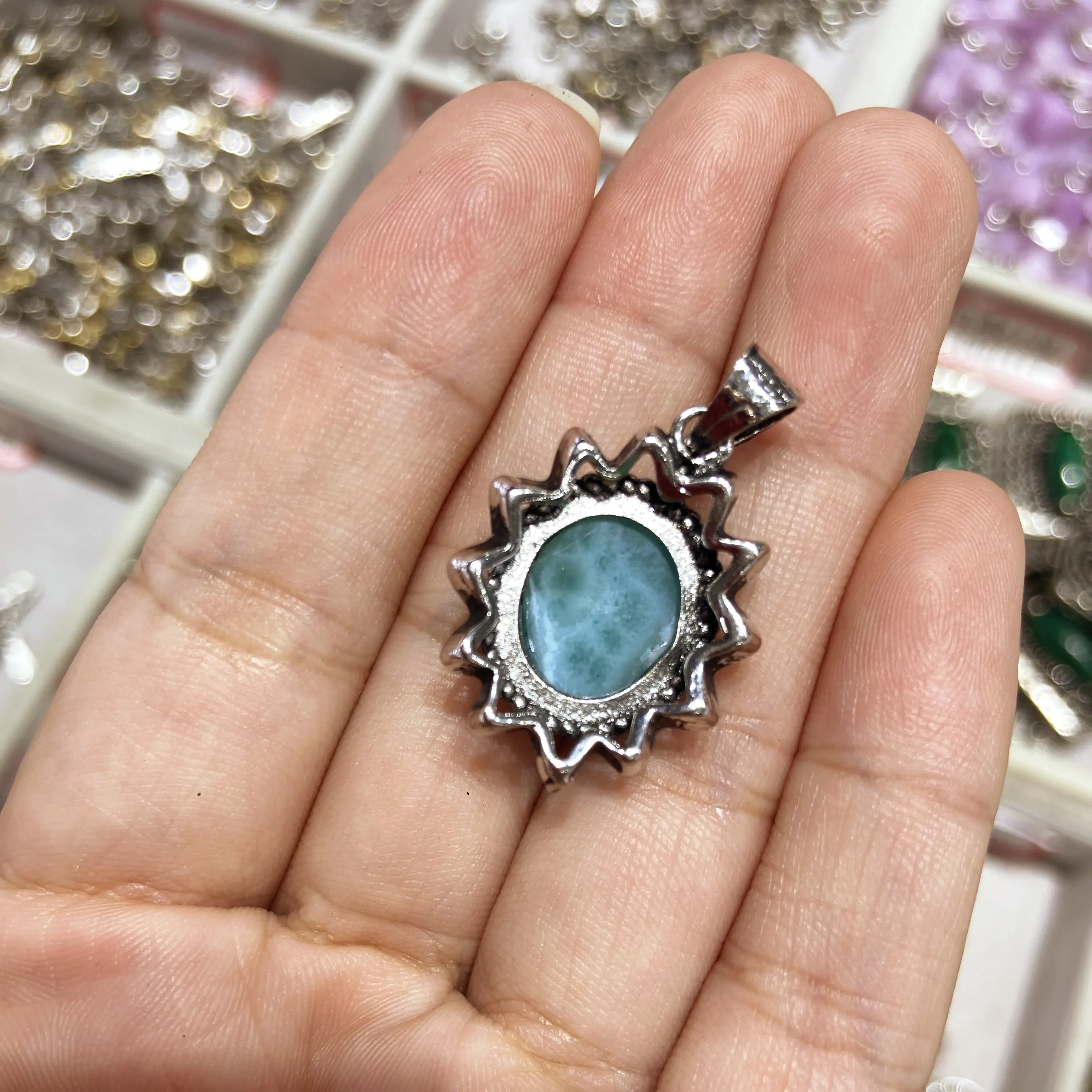 Natural Larimar Jewelry Gifts Classic Pendant Necklace Retro Woman Sun fFlower Shape Charm Silver plated Copper Pendant