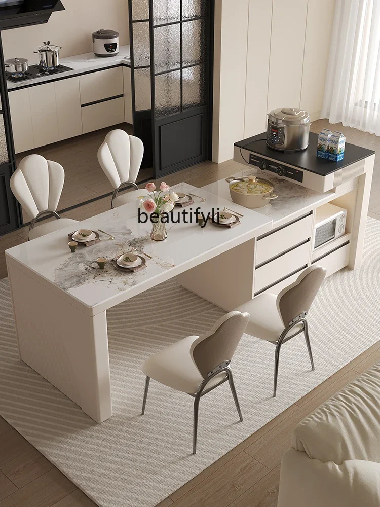 Luxury Stone Plate Dining Table Household Cream Style High-End Contraction Band Induction Cooker Multi-Functional Dining Chairs