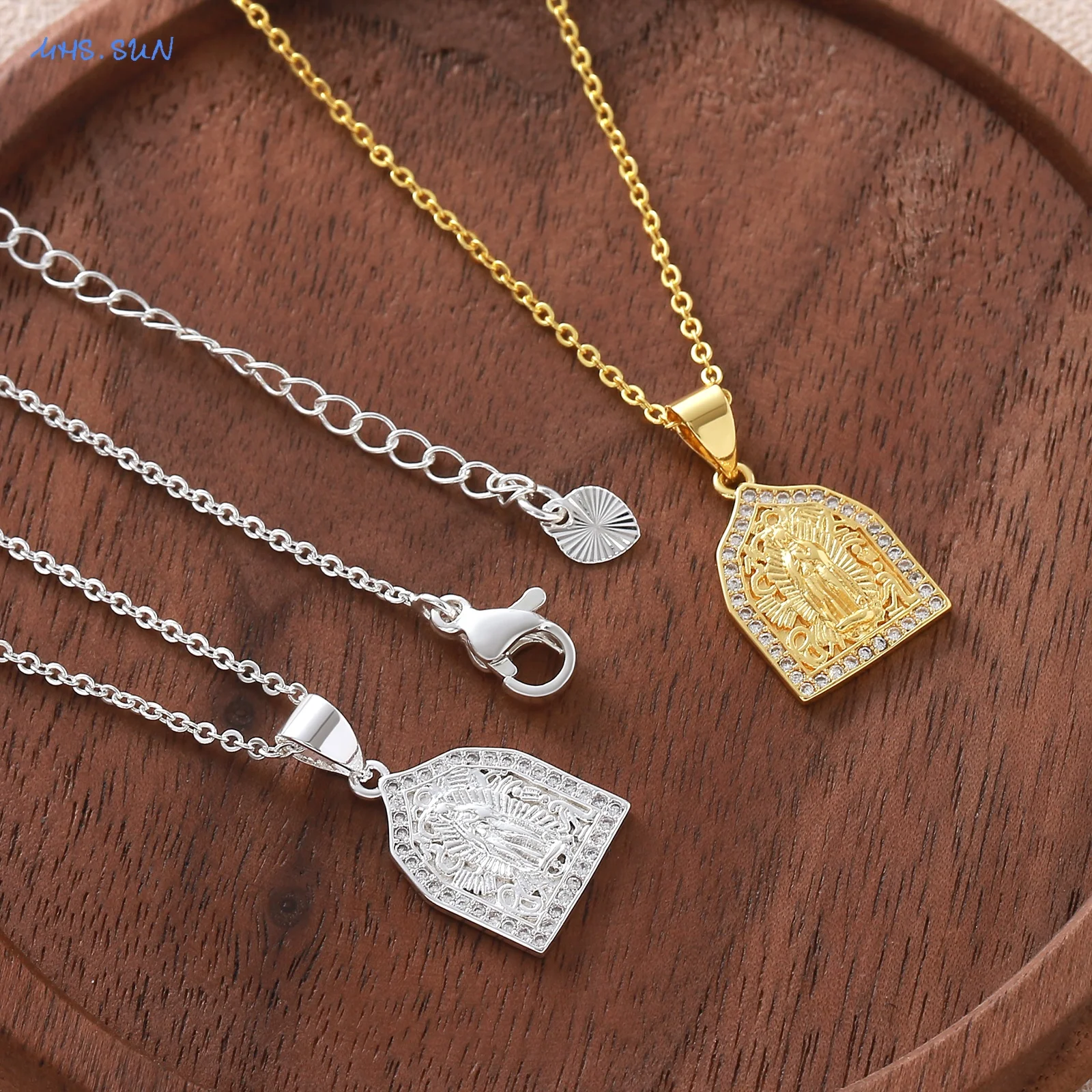 SUNSLL Fashion Gold Silver Plated Religious Saint Zircon Inlaid Pendant Necklace Unisex Party Clavicle Chain Jewelry Gifts