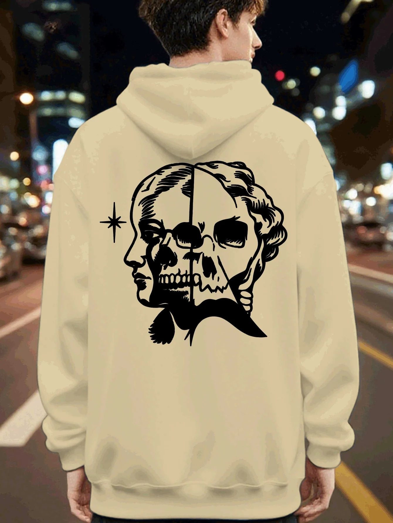 

Men's Gothic Skull & Face Back Print Hooded Sweatshirt - Loose Fit Pullover Hoodie with Kangaroo Pocket, Elastic Fabric