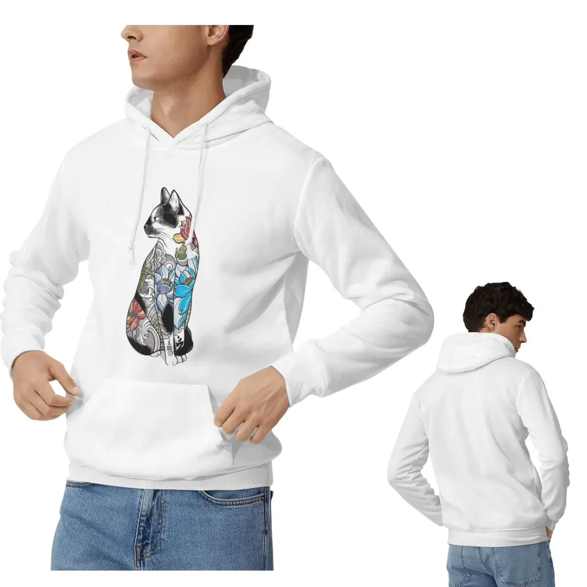 

Толстовки с татуировкой «Кот в лотосе» для мужчин и женщин, повседневный пуловер, толстовка в стиле Харадзюку с длинными рукавами и капюшоном, осень-зима