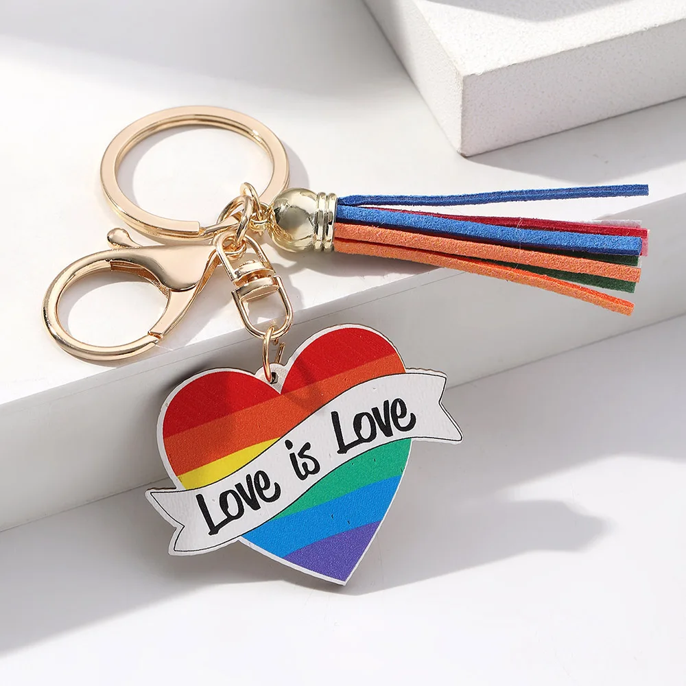 Fashionable Love Is Love Rainbow Wood Pendant Tassels Keychain Gay Pride LGBT Key Ring Handbag Fashion Jewelry Accessories Gifts