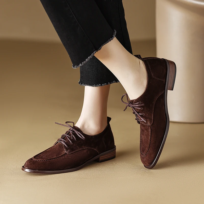 

Women’s Genuine Leather Vintage Oxford Loafers – Lace-up Deep-cut Flat Shoes, Retro British Style