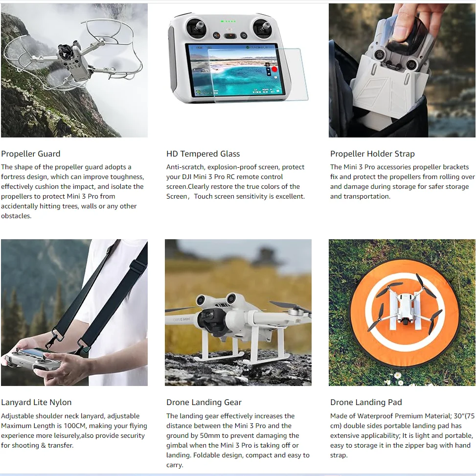 Комплект аксессуаров Mini 3 Pro Комплект аксессуаров 8 в 1, ремешок для держателя пропеллера, защита пропеллера, защитное стекло HD, шейный ремешок Str