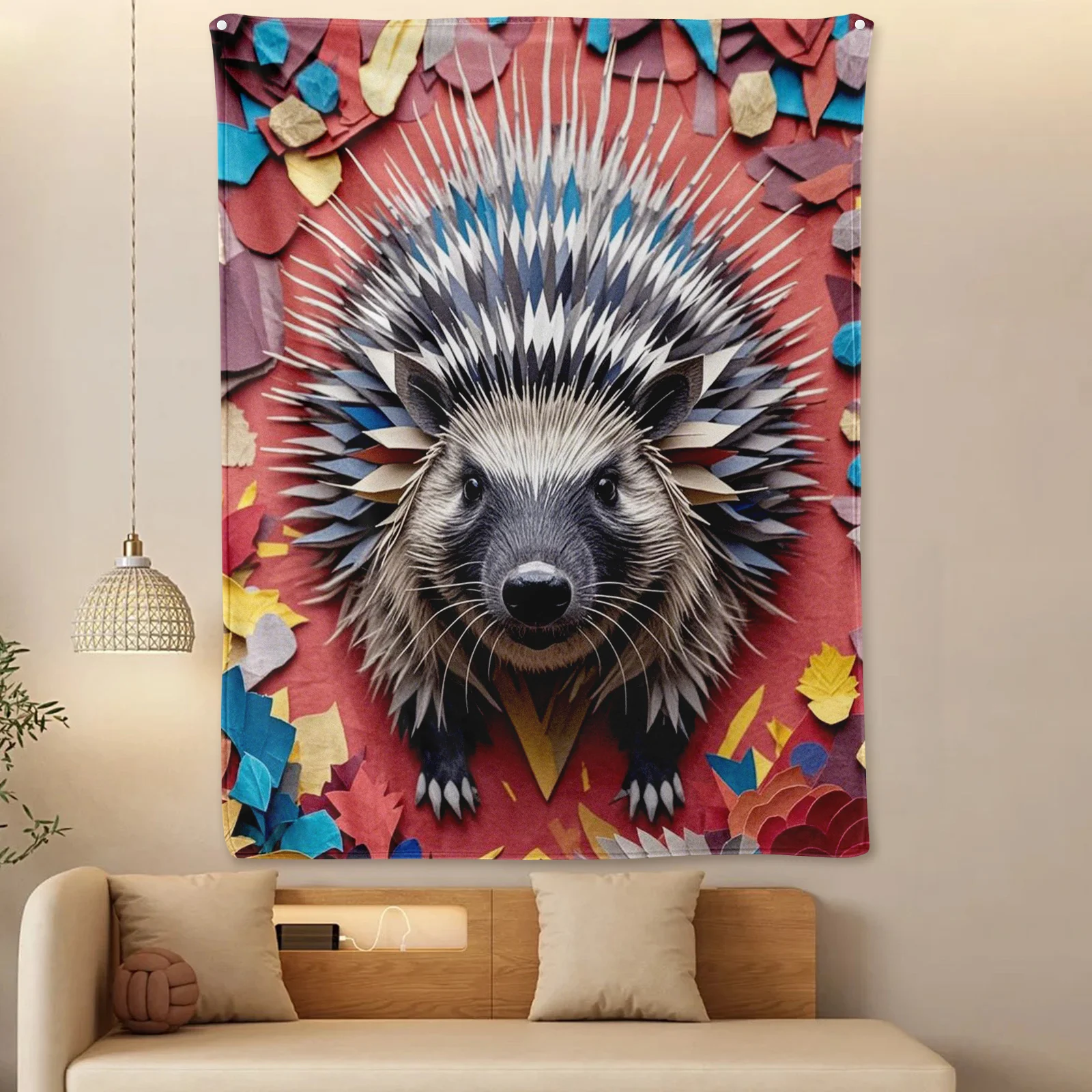 Porcupine avec feuilles patchwork et couverture design rouge pour une décoration d'intérieur unique et artistique avec un toucher esthétique vibrant