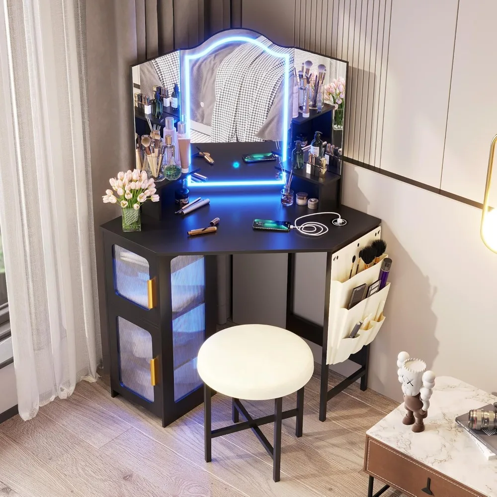 Illuminated Makeup Vanity Desk with Mirror and Charging Station, 3-Way Lighting Dressing Table