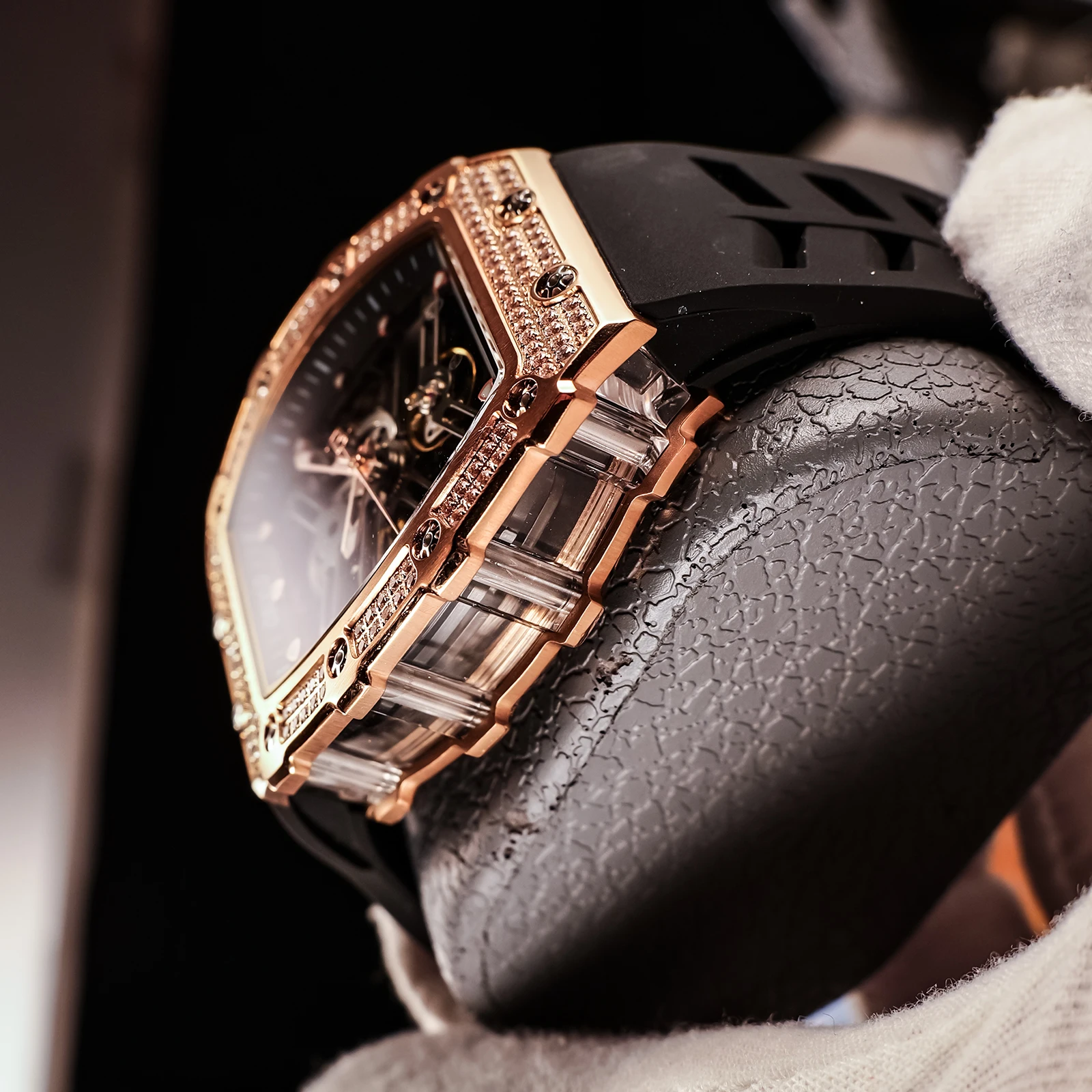 OBLVLO Trend Style Rose Gold Diamonds Bezel Analog Mechanical Watch For Men Tonneau Skeleton Rubber Band Sport Reloj Hombre XM