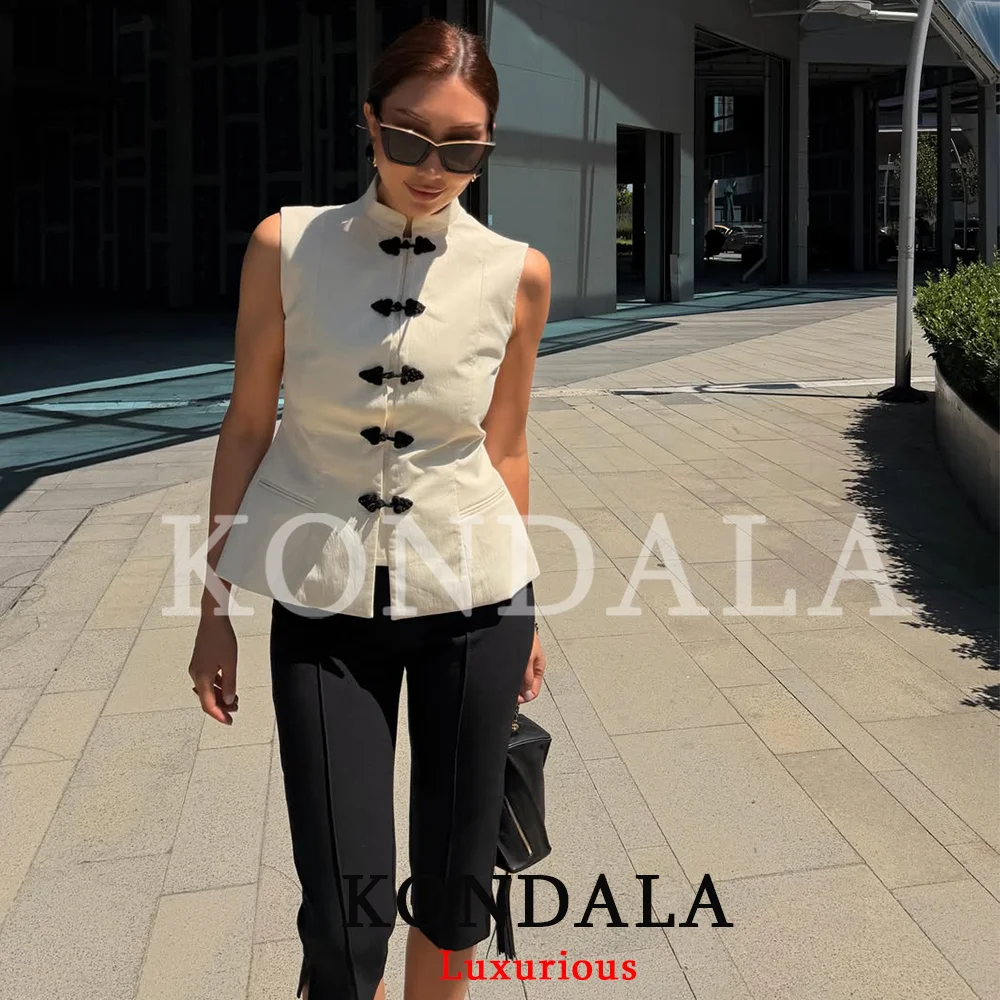 KONDALA High Street Casual Chic Women Tank Top Stand Collar Knot Button Sleeveless Top New Fashion 2026 Summer Holiday Tank Top