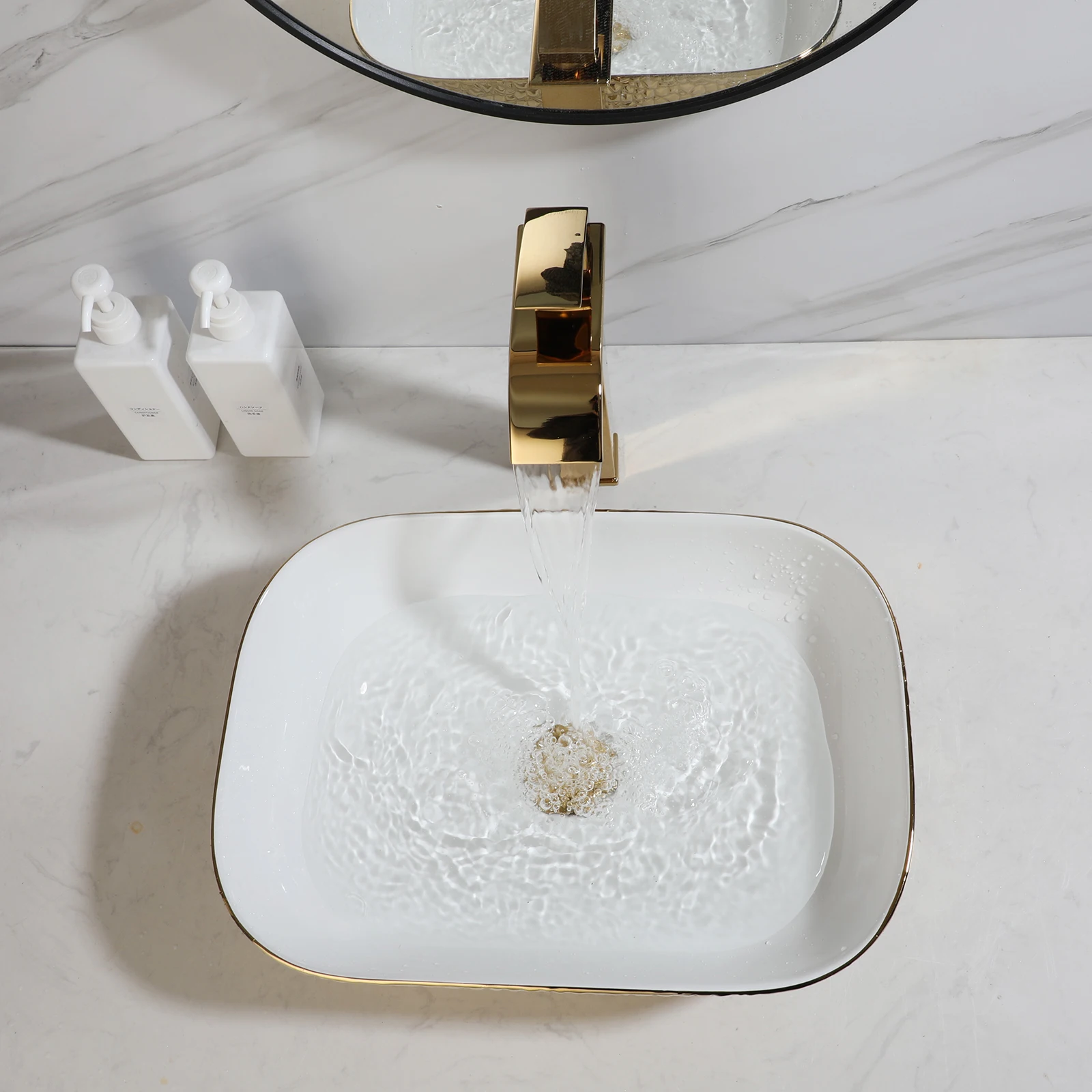ZAPPO Hammered Textured Rectangular Ceramic Vessel Sink Gold Waterfall Faucet Combo Set, White Interior Countertop Wash Basin