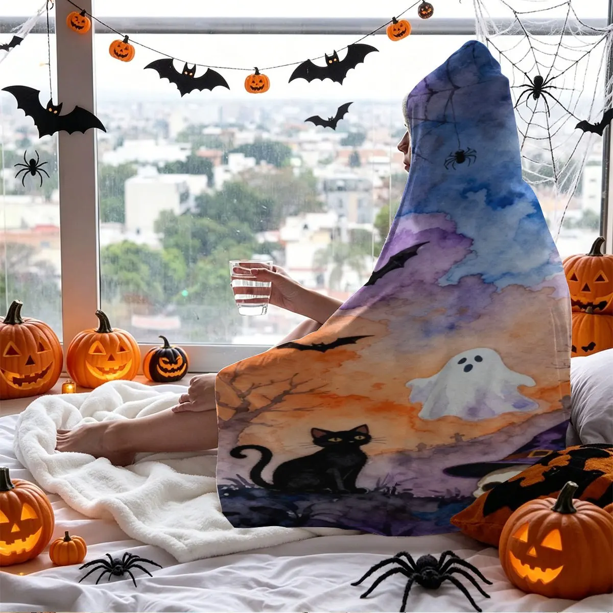 Watercolor Halloween Ghost Castle Theme Flannel Hooded Blanket Wearable Blanket, Skin-Friendly And Soft for All Seasons