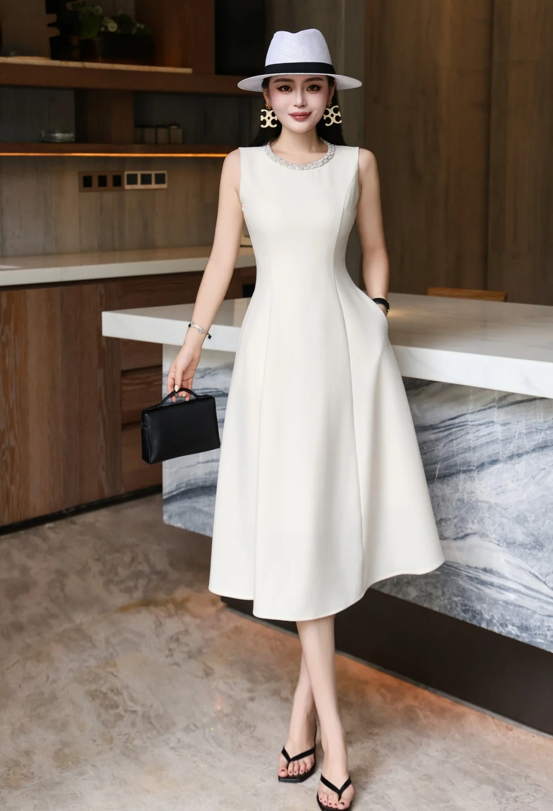 ZJYT 여성용 비딩 O넥 민소매 베이직 드레스 가을 신상 2025 패션 솔리드 미디 탱크 캐주얼 파티 드레스 여성 의류