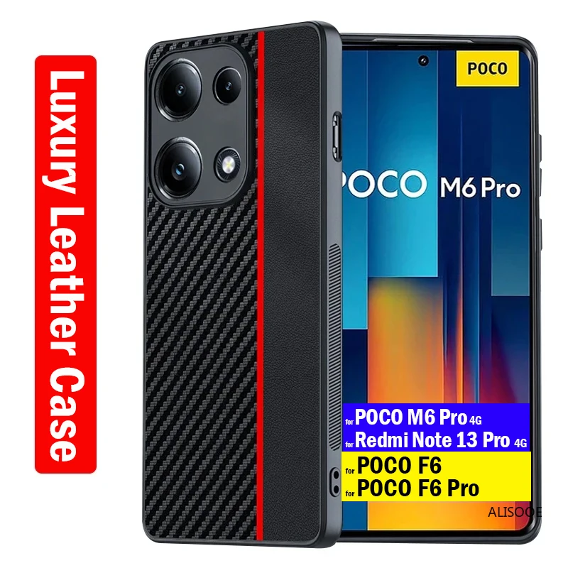 Shockproof Funda for POCO F6 M6 Pro 4G Case Fiber Texture PU-Leather Protection Cover for Redmi Note 13 Pro 4G K70 K70E Capa