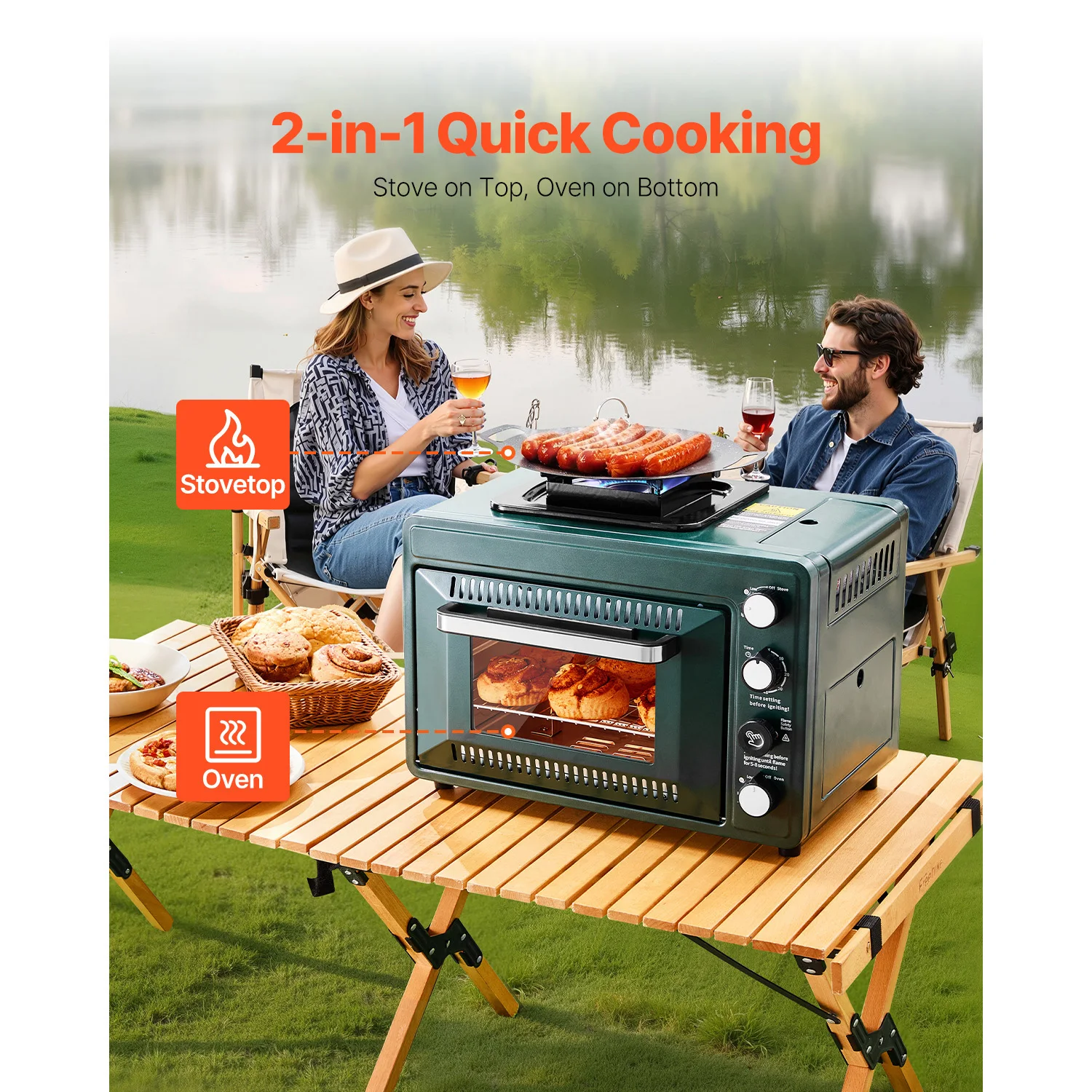 Outdoor Oven, 2-in-1 Portable Gas Camping Stove Oven Combo, 60-Minute Timer, Adjustable Fire, Windproof, Featuring Grill Shelf and Roasting Tray