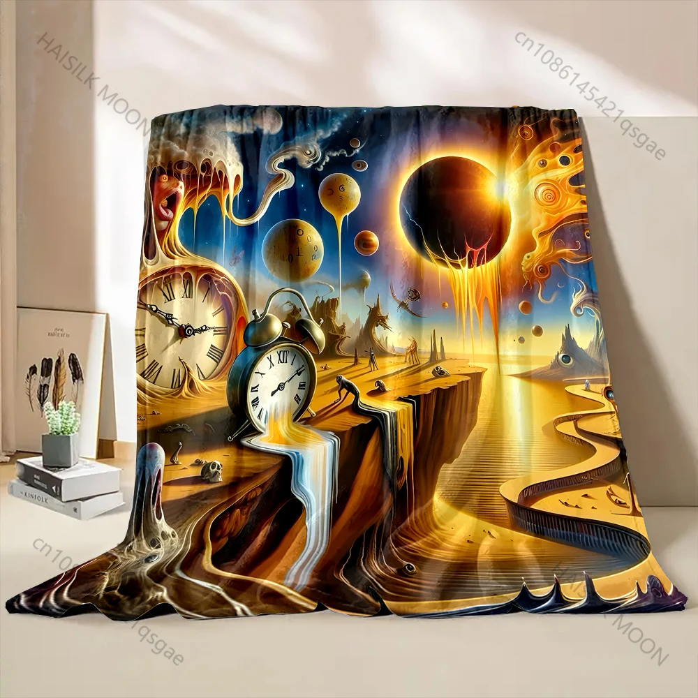 Surreal, Melting, Distorted Clocks Pattern Blanket Flannel Material Soft Warm for All Seasons, Home Outdoor Camping Picnics RV