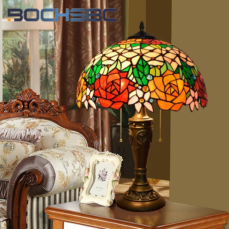 

BOCHSBC Tiffany stained glass desk lamp retro style pastoral rose art deco living room dining room bedroom bedside office lamp