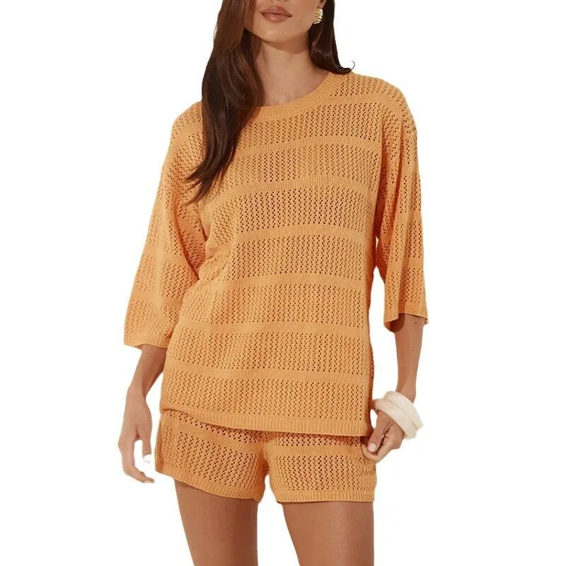 Casual Sporty Women's Fashion Set Pure Color Hollow Short Sleeve Two-Piece Set Summer 2024 Three-Piece Set European Style