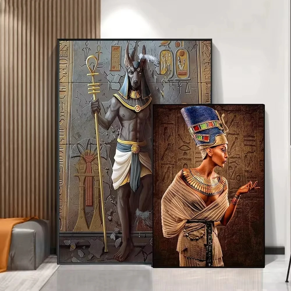 Ancient Egypt Mural Painting 3d Art Posters Print Anubis Pharaoh And His Maiden Canvas Painting Living Room Home Decor Picture