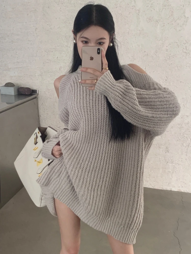 Knitting Mini Dress Women Hollow Out Vintage Baggy Autumn Off The Shoulder Casual All-match Streetwear Sexy Korean Fashion Mujer