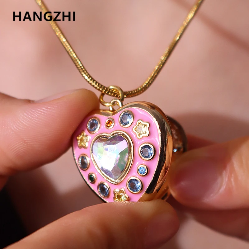 HangZhi Colorful Zircon Love Star Openable Pink Heart Photo Album Pendant Necklace for Women Girl Party Charm Jewelry 2023 New