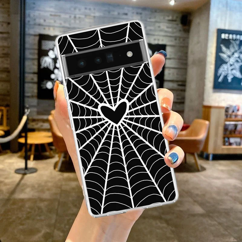 เคสโทรศัพท์สำหรับ Google Pixel 9 8 7 Pro 8A 7A 6A 6 Pro XL 5 4 5A 4A 3A 5G  แบบนิ่ม TPU ใส ลายใยแมงมุมสีดำ